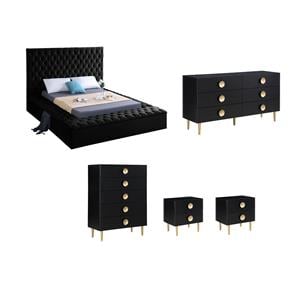 Home Square Set of 5 Velvet Queen Bed & Dresser & Chest & 2 Nightstands in Black