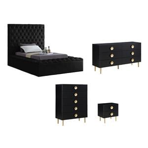 Home Square Set of 4 Velvet Twin Bed & Dresser & Chest & Nightstand in Black