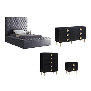 Home Square Set of 4 Twin Bed in Gray & Dresser & Chest & Nightstand in Black