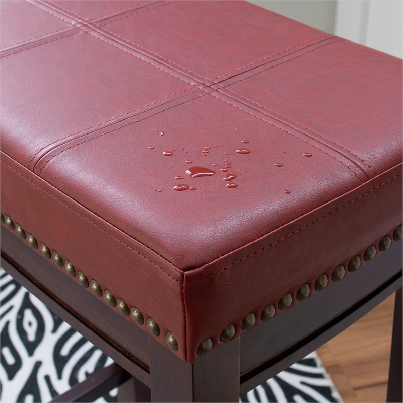 Home Square Set of 3 Backless Bar Stool Red Faux Leather in Dark Brown