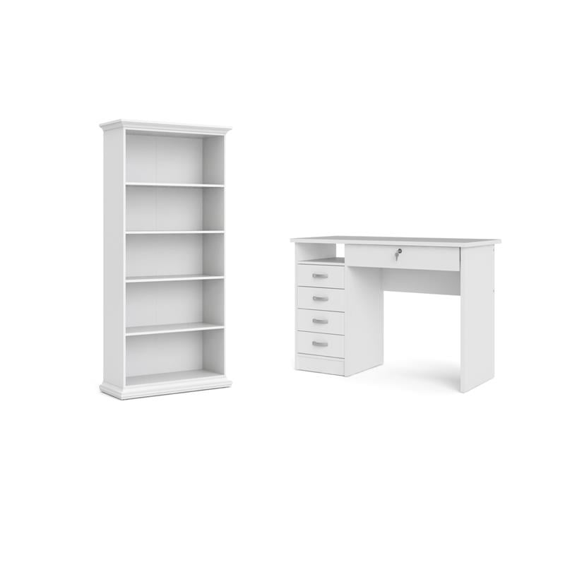 Home Square Set of 2 Home Computer Office Desk & 5-Shelf Bookcase in White