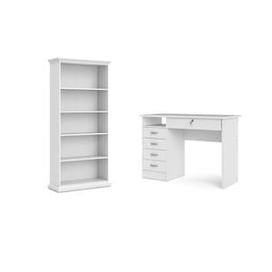 Home Square Set of 2 Home Computer Office Desk & 5-Shelf Bookcase in White