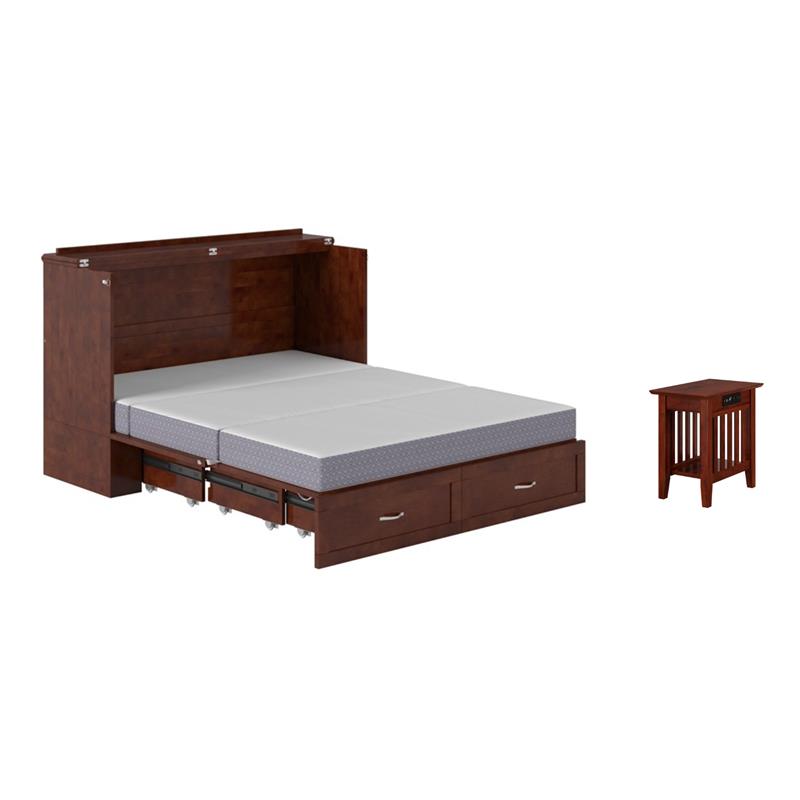 Home Square Set of 2 Queen Murphy Bed Chest with Mattress & Side Table in Walnut