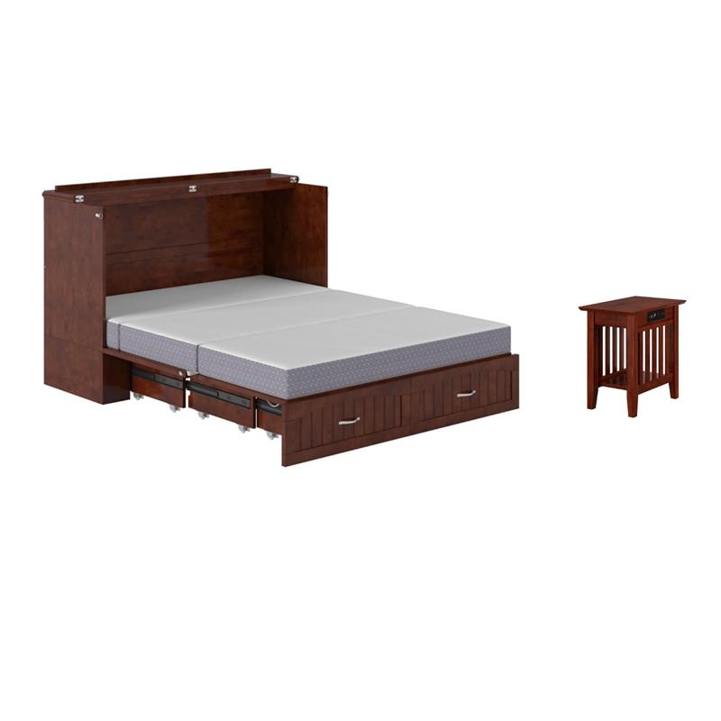 Home Square Set of 2 Queen Murphy Bed Chest with Mattress & Side Table in Walnut