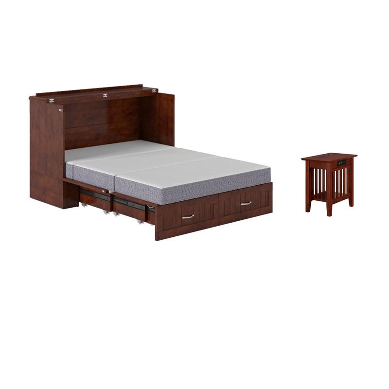 Home Square Set of 2 Murphy Full Bed Chest with Mattress & Side Table in Walnut