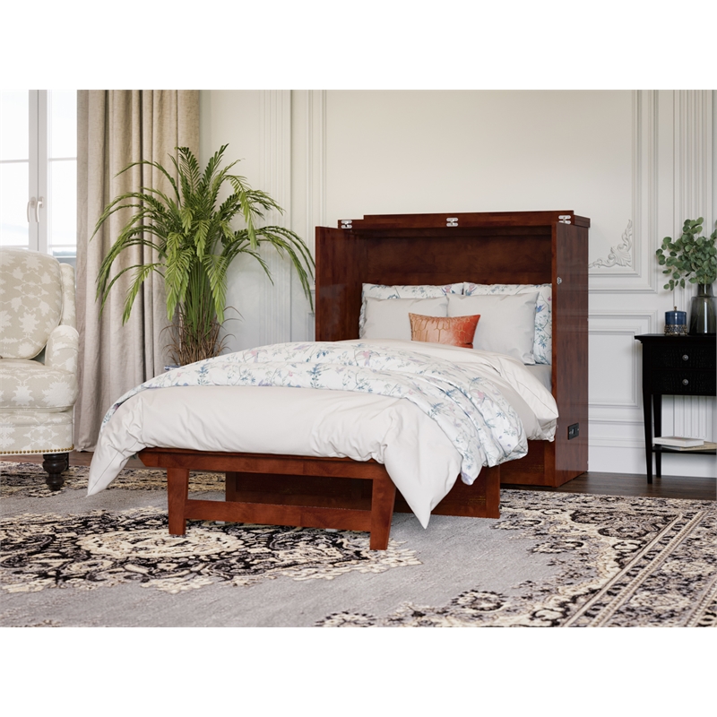 Home Square Set of 2 Walnut Twin XL Murphy Bed Chest with Mattress & Side Table
