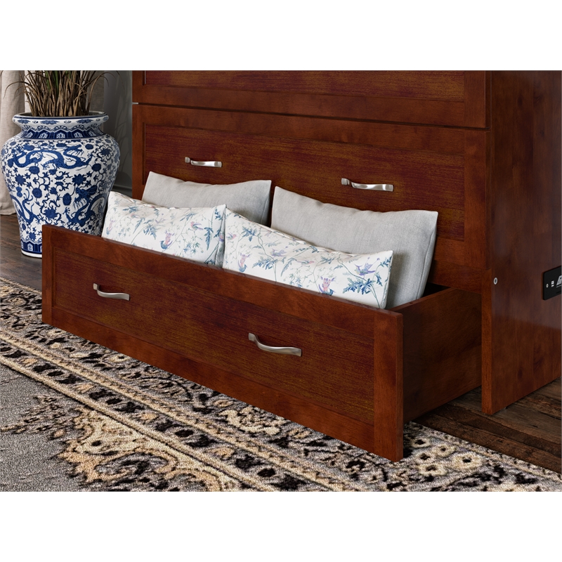 Home Square Set of 2 Walnut Twin XL Murphy Bed Chest with Mattress & Side Table