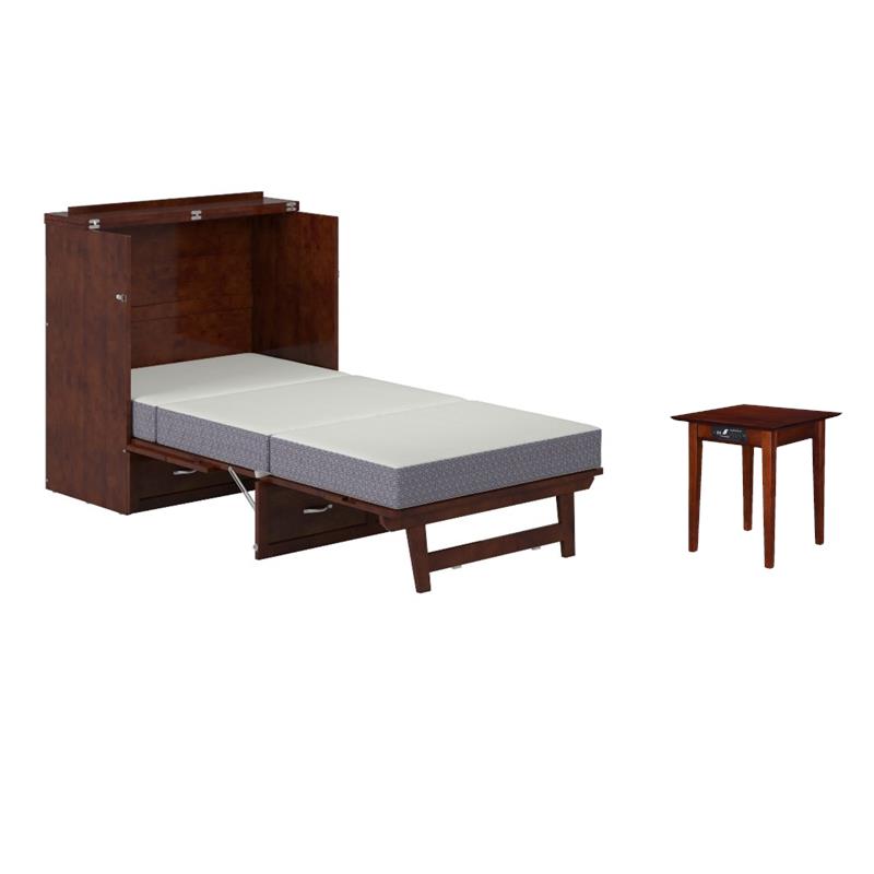 Home Square Set of 2 Walnut Twin XL Murphy Bed Chest with Mattress & Side Table