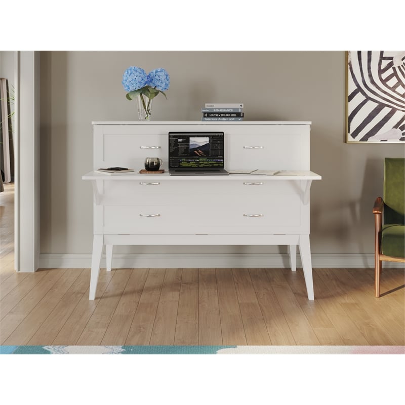 Home Square Set of 2 White Full Size Murphy Bed Desk with Mattress & Side Table