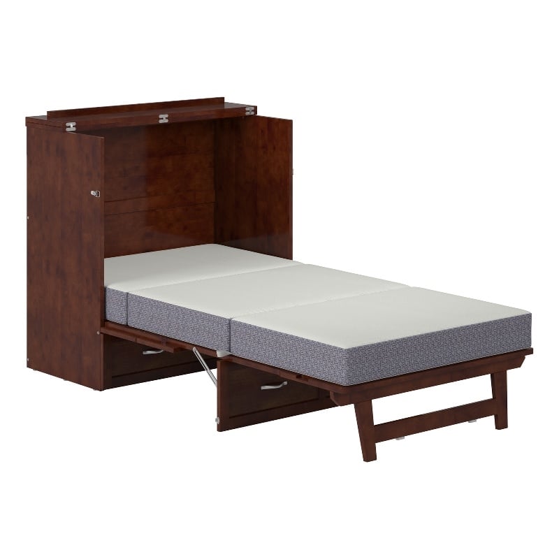Home Square Set of 2 Twin XL Murphy Bed Chest w/ Mattress & Side Table in Walnut