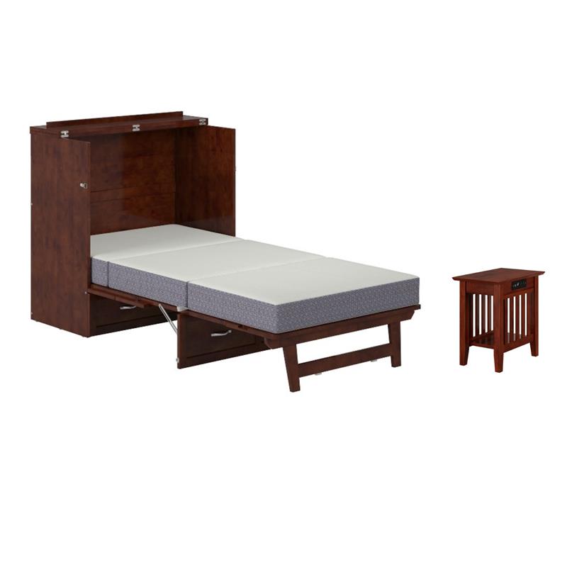 Home Square Set of 2 Twin XL Murphy Bed Chest w/ Mattress & Side Table in Walnut