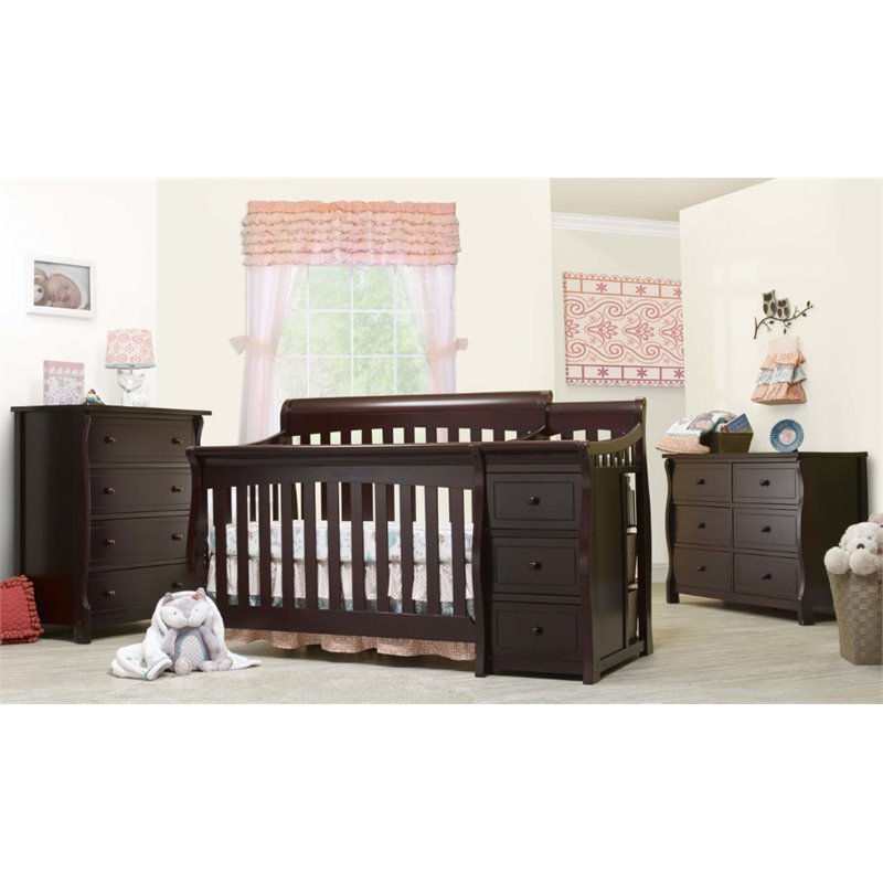 Home Square 3 Set Espresso Crib and Changer & 4-Drawer Dresser & Double Dresser
