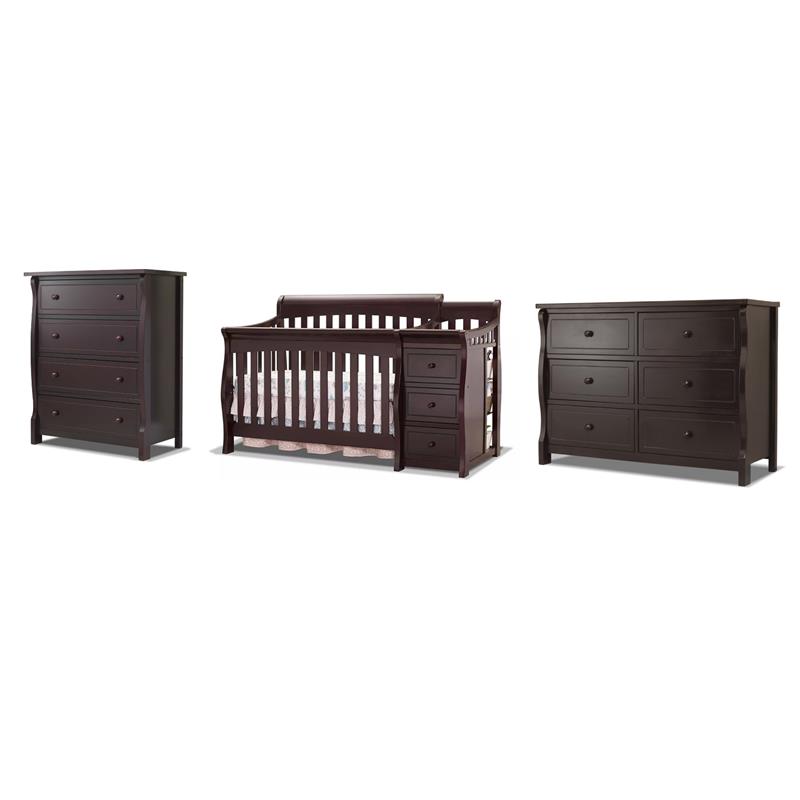 Home Square 3 Set Espresso Crib and Changer & 4-Drawer Dresser & Double Dresser