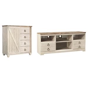 Home Square Set of 2 4-Drawer Door Chest & 63&quot TV Stand in Whitewash