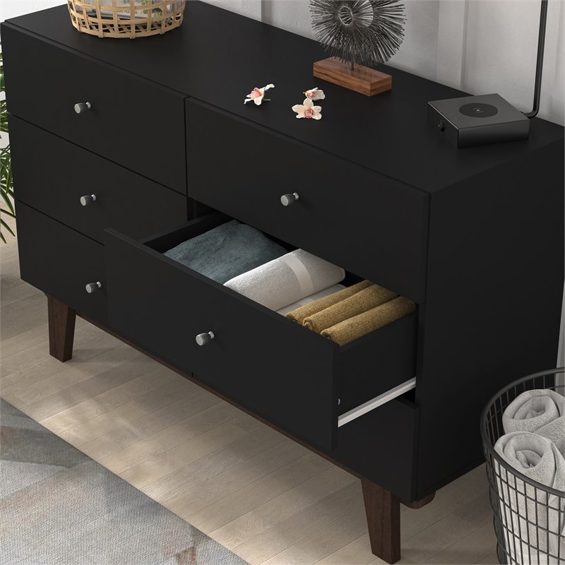 Home Square Set of 2 6-Drawer Wood Dresser & 2-Drawer Nightstand in Matte Black