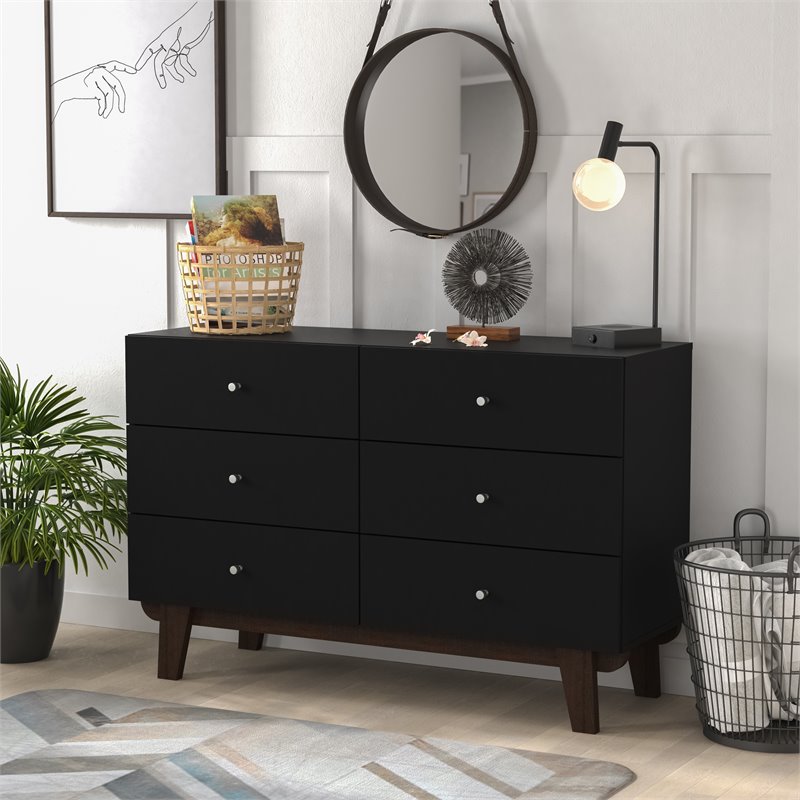Home Square Set of 2 6-Drawer Wood Dresser & 2-Drawer Nightstand in Matte Black