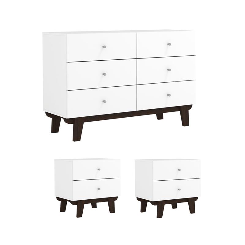 Home Square Set of 3 6-Drawer Dresser & 2 2-Drawer Nightstands in Matte White