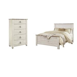 Home Square Set of 2 Queen Panel Bed in Whitewash & 5-Drawer Chest in White
