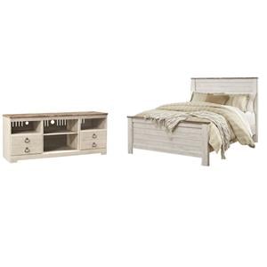 Home Square Set of 2 Queen Panel Bed & 63&quot TV Stand in Whitewash