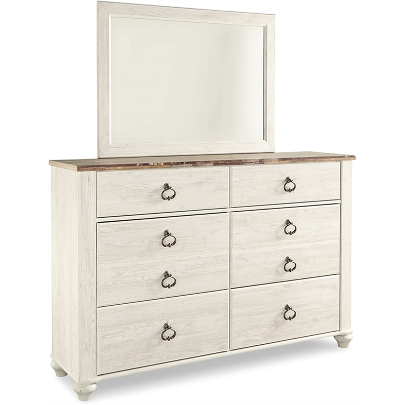 Home Square Set of 2 Queen Panel Bed & 6-Drawer Double Dresser in Whitewash