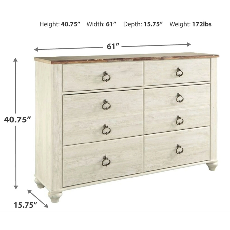 Home Square Set of 2 Queen Panel Bed & 6-Drawer Double Dresser in Whitewash