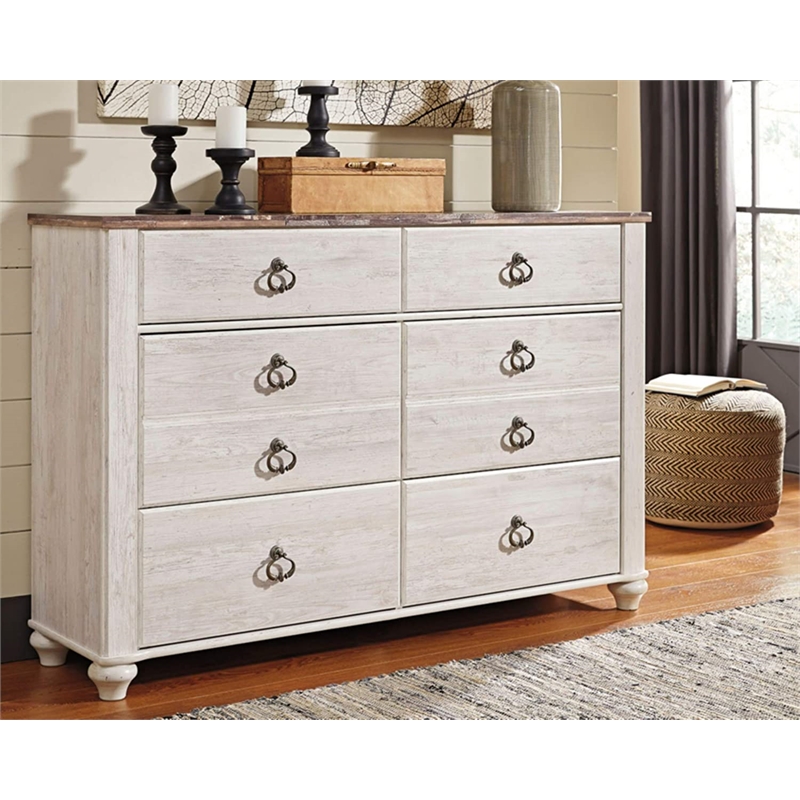 Home Square Set of 2 Queen Panel Bed & 6-Drawer Double Dresser in Whitewash