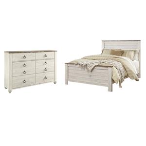 Home Square Set of 2 Queen Panel Bed & 6-Drawer Double Dresser in Whitewash