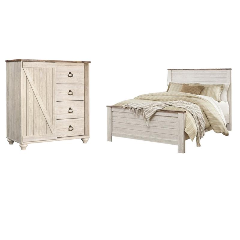 Home Square Set of 2 Queen Panel Bed & 4-Drawer Door Chest in Whitewash