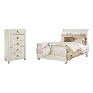 Home Square Set of 2 Queen Sleigh Bed in Whitewash & 5-Drawer Chest in White