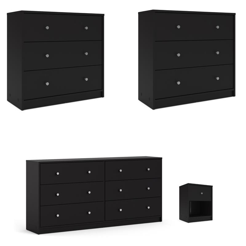 Home Square Set of 4 Nightstand and Two Chests and Double Dresser in Black