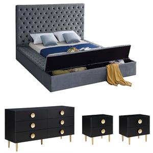 Home Square Set of 4 Tufted Velvet Full Bed and Metal Dresser and 2 Nightstands