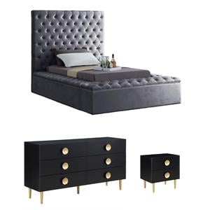 Home Square Set of 3 Tufted Velvet Twin Bed and Metal Dresser and Nightstand