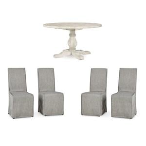 Home Square Set of 5 Wood Dining Table in Ivory and Gray Fabric 4 Dining Chairs