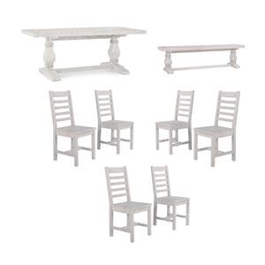 Home Square Set of 8 Wood Dining Table and Bench and 6 Chairs in Nordic Ivory