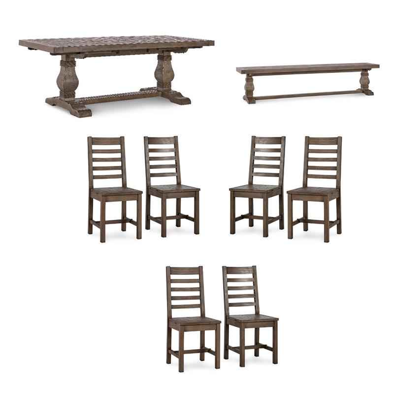 Home Square Set of 8 Wood Extension Dining Table and Bench and 6 Chairs in Brown