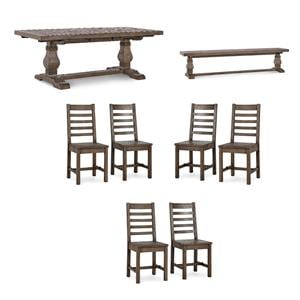 Home Square Set of 8 Wood Extension Dining Table and Bench and 6 Chairs in Brown