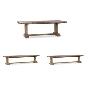 Home Square Set of 3 Reclaimed Pine Wood Dining Table and 2 Benches in Aged Pine