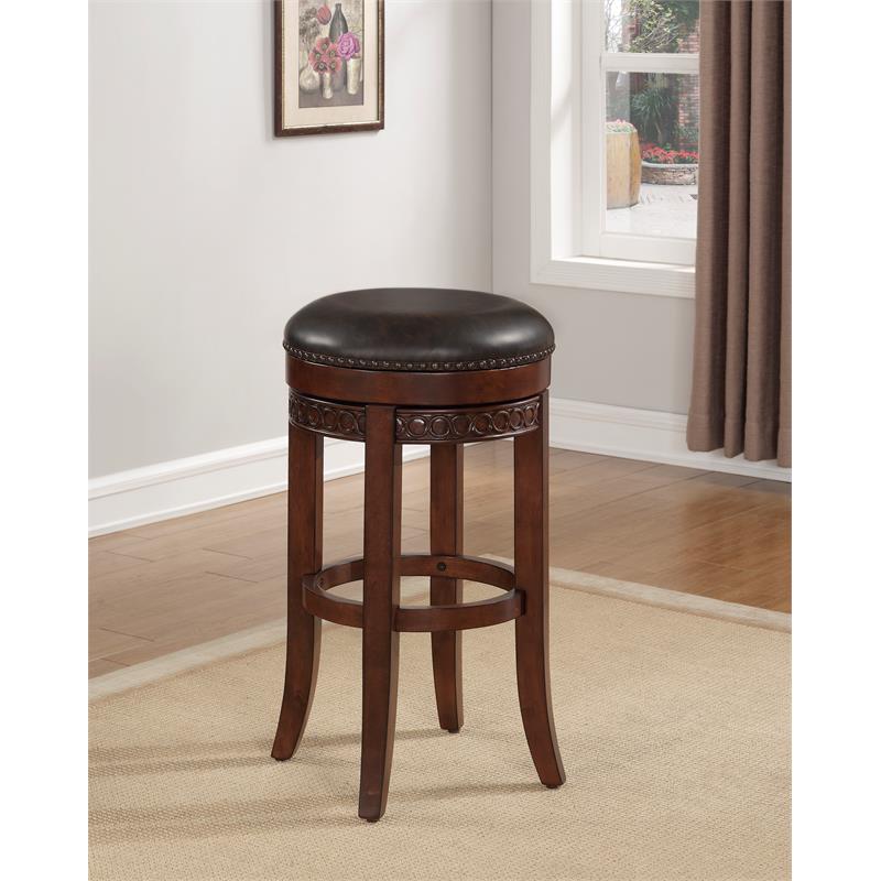 Home Square Set of 2 Backless Cherry Finished Wood and Leather Counter Stool