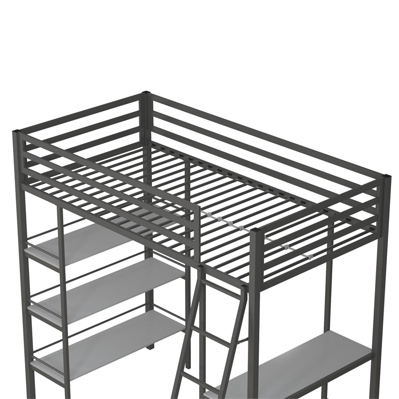 Little Seeds Nova Metal Twin Loft Bed with Shelves in Gunmetal Gray