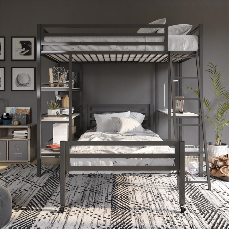 Little Seeds Nova Metal Twin Loft Bed with Shelves in Gunmetal Gray