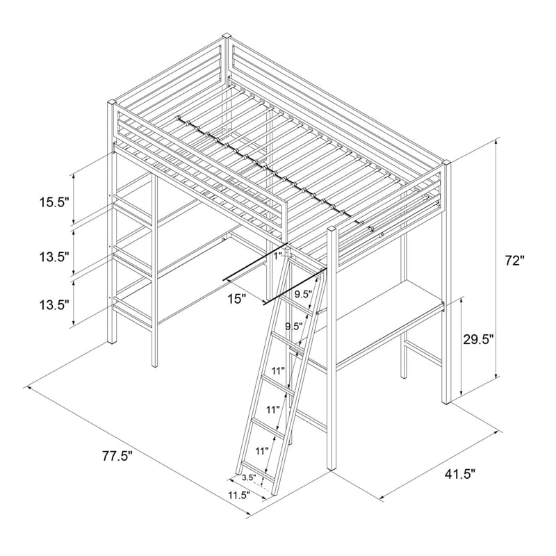 Little Seeds Nova Metal Twin Loft Bed with Shelves in Gunmetal Gray