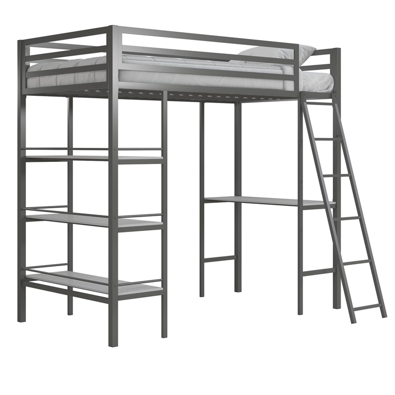 Little Seeds Nova Metal Twin Loft Bed with Shelves in Gunmetal Gray