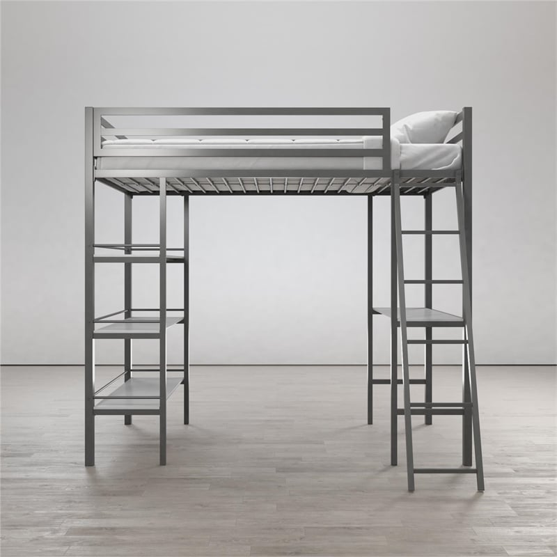 Little Seeds Nova Metal Twin Loft Bed with Shelves in Gunmetal Gray