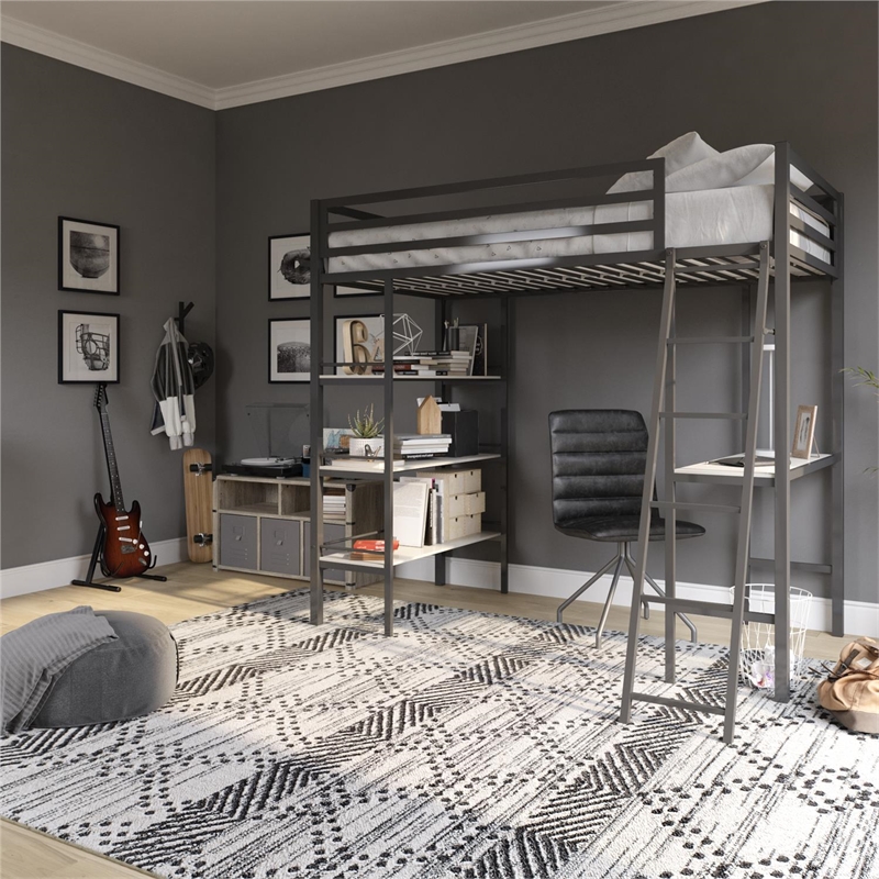 Little Seeds Nova Metal Twin Loft Bed with Shelves in Gunmetal Gray