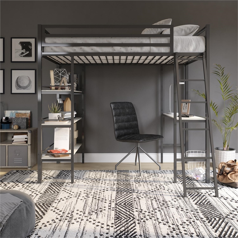 Little Seeds Nova Metal Twin Loft Bed with Shelves in Gunmetal Gray