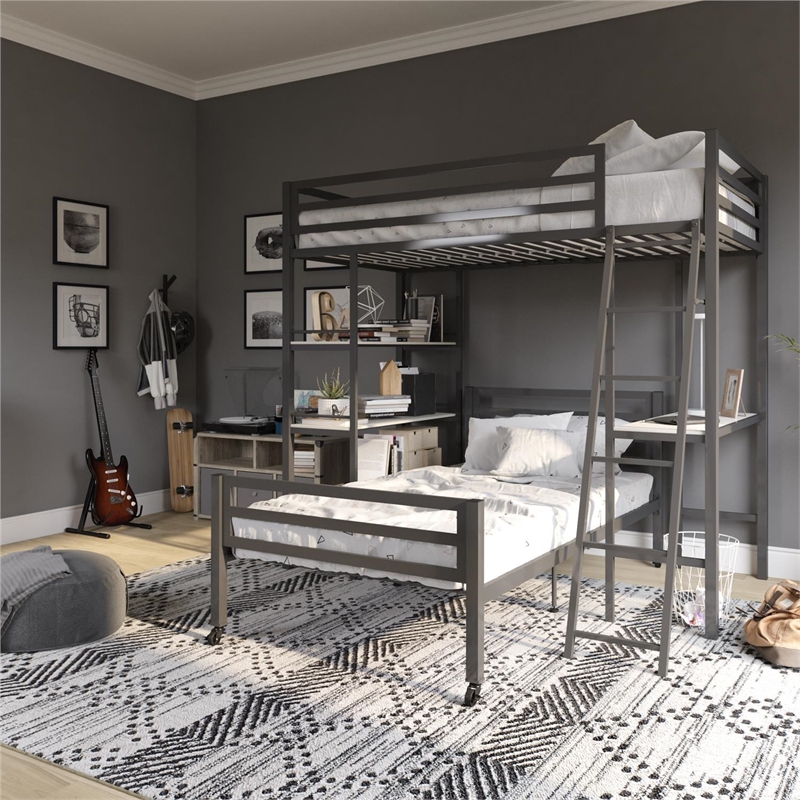 Little Seeds Nova Metal Twin Loft Bed with Shelves in Gunmetal Gray