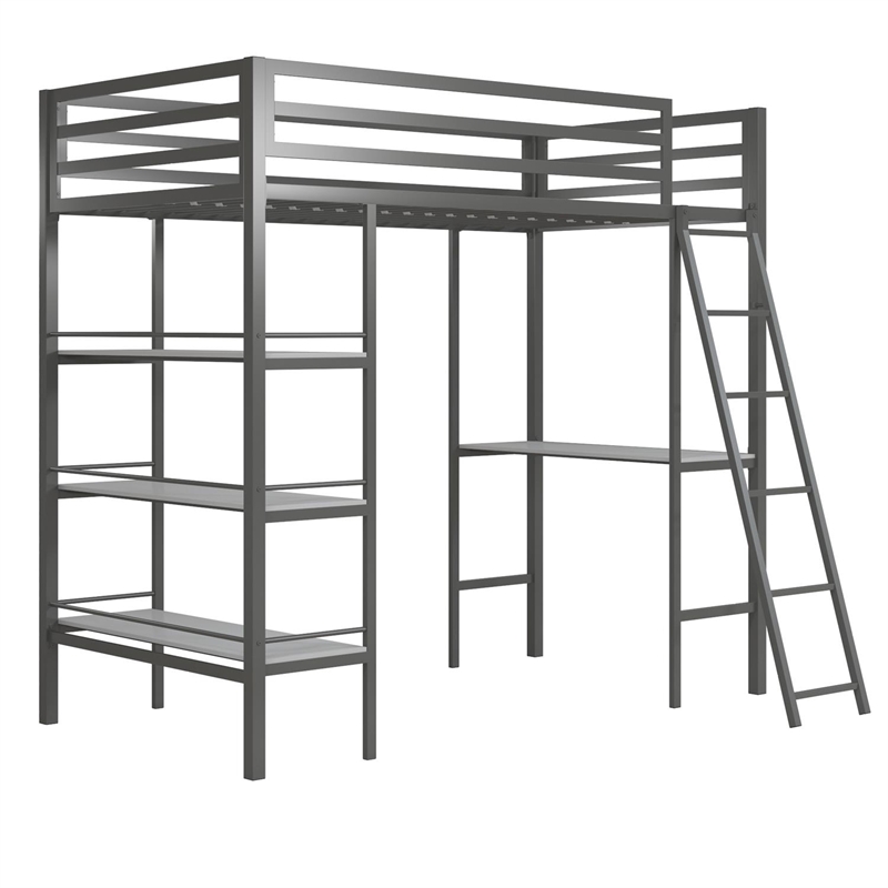 Little Seeds Nova Metal Twin Loft Bed with Shelves in Gunmetal Gray