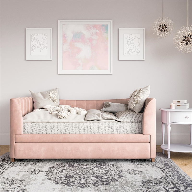 Little Seeds Valentina Upholstered Twin Daybed with Trundle in Pink Velvet