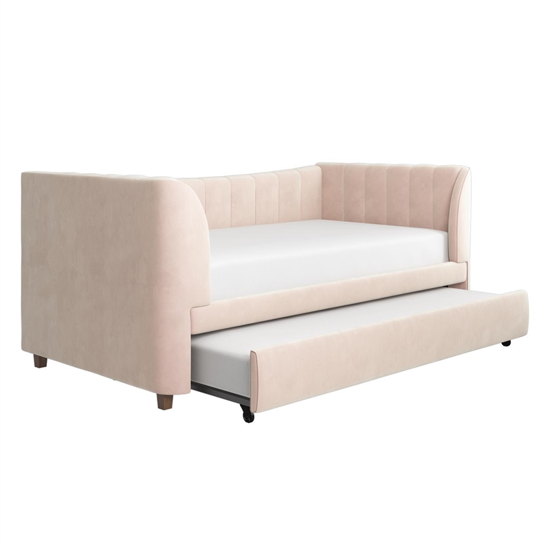 Little Seeds Valentina Upholstered Twin Daybed with Trundle in Pink Velvet
