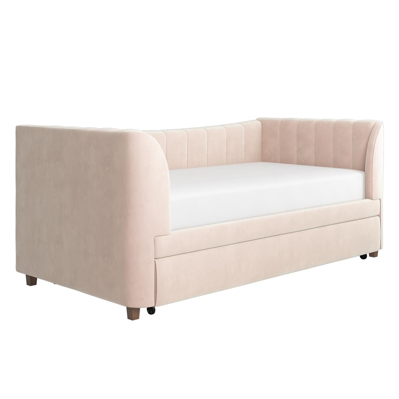Little Seeds Valentina Upholstered Twin Daybed with Trundle in Pink Velvet